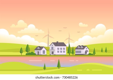 Small houses by the river during sunset - modern vector illustration. Landscape in pink and orange colors with two riverbanks, trees, small low storey suburban houses, sky with clouds, park, windmills