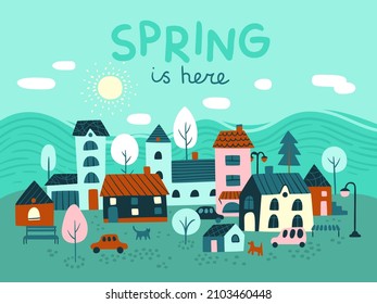 Small houses city. Little huge town. Spring season mood downtown banner. Cute buildings and cars. Trees and pets. Urban landscape background. Beautiful village. Vector