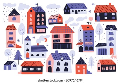 Pequeñas casas. Cabañas bonitas. Pequeños camarotes diferentes. Edificios de aldeas. Fachada de diseño a la moda. Propiedad inmobiliario Doodle. Pequeñas casas y árboles infantiles. Vector