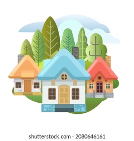 Small houses. Funny cartoon style. Country suburban village. Farm hut in the garden. Fairy tale illustration for children. Art illustration isolated on white background. Vector