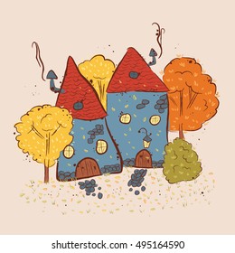 small houses gnome. Autumn scene with a house and trees. Suitable for printing on a t-shirt or sweatshirt, shirt design, sketch house, Children's fashion shirt. Cute autumn house
