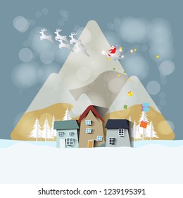 Small houses, mountains and trees with Santa Cross ride a scooter throwing gifts down from the sky.Small houses, mountains and trees with Santa Cross ride a scooter throwing gifts down from the sky.