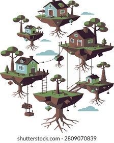 Small houses on floating islands with trees and roots in a fantasy sky setting Vector, illustration
