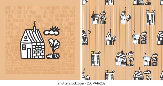 Small houses seamless pattern. Lovely hand-drawn houses in doodle style. Pastel palette. Beige background in a line. For the design of children's fabrics, textiles, clothing, wrapping paper.