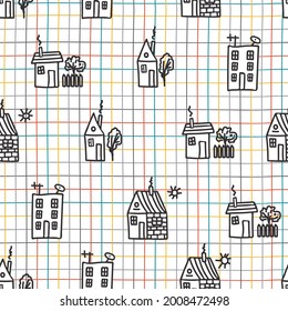 Pequeñas casas sin costura. Bonitas casas dibujadas a mano al estilo doodle. Fondo blanco en un cuaderno cuadrado. Para el diseño de telas para niños, textiles, prendas de vestir, papel de envoltura, papel de papelería.