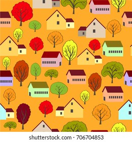 small houses surrounded by autumn trees, houses and trees,village, outside the city. Freehand drawing vector illustration.Seamless pattern.
