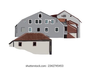 Small houses with white and gray walls and red tiled roofs. Vector isolated design elements