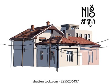 Small houses with white walls and red tiled roofs. Vector isolated design elements