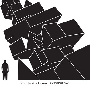 Small Human Silhouette Facing Massive Abstract Geometric Blocks