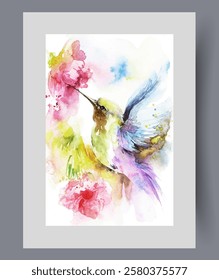 Small hummingbird bird drinks juice from flowering plant with healthy vitamins on wall art. Watercolor print. Artwork with hummingbird bird flapping wings while eating, in frame with decor for poster