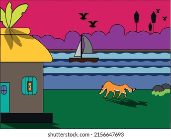Small hut near a river, a fox roaming around there, A boat is sailing on the river.