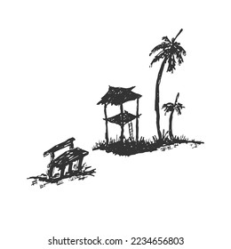 Small hut and palm tree next to it and small silhouette wooden bench. Vintage hand drawn vector illustration pencil sketch.