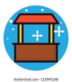 A small hut type shaded shop to provide takeaways and beverages in beach or travelling places depicting drinks kiosk 