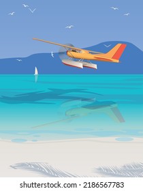 A small hydroplane flies over the beach. Vector.