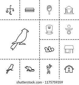 Small icon. collection of 13 small outline icons such as mouse, sparrow, barn, bed mobile, baby, father with baby, store, pacifier. editable small icons for web and mobile.