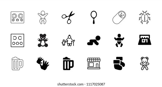 Small icon. collection of 18 small filled and outline icons such as manicure scissors, crawling baby, shop, store. editable small icons for web and mobile.