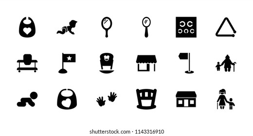 Small icon. collection of 18 small filled icons such as baby bid, baby walker, mirror, old woman and child, eye test. editable small icons for web and mobile.