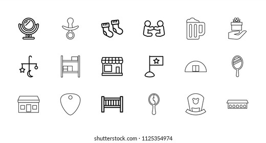 Small icon. collection of 18 small outline icons such as store, baby bed, bed mobile, mirror, flag, pacifier, barn, gift. editable small icons for web and mobile.