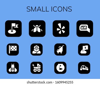 small icon set. 12 filled small icons. Included Flag, Finish flag, Bee, Ladybug, Troglodyte, Baby carriage, Yelp, Stroller, Fishbowl, Mirror, Buggy icons