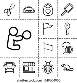Small icon. set of 13 outline small icons such as store, mouse, barn, baby bid, playpen, mirror, manicure scissors, ladybug, beer mug, flag