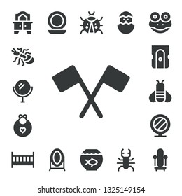 small icon set. 17 filled small icons.  Simple modern icons about  - Mirror, Ant, Flag, Baby bib, Sharpener, Bee, Cot, Ladybug, Fish bowl, Chick, Beetle, Frog