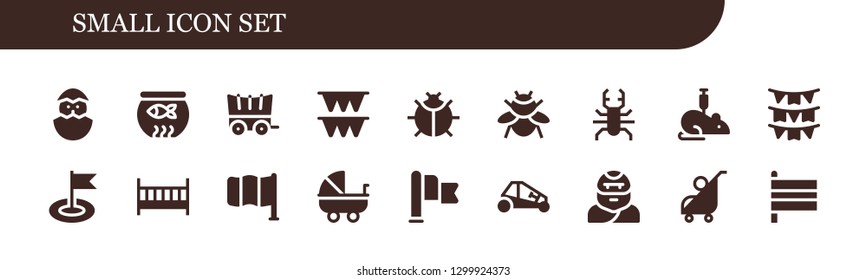  small icon set. 18 filled small icons.  Simple modern icons about  - Chick, Fish bowl, Carriage, Flags, Ladybug, Bumblebee, Beetle, Rat, Flag, Cot, Stroller, Buggy, Troglodyte