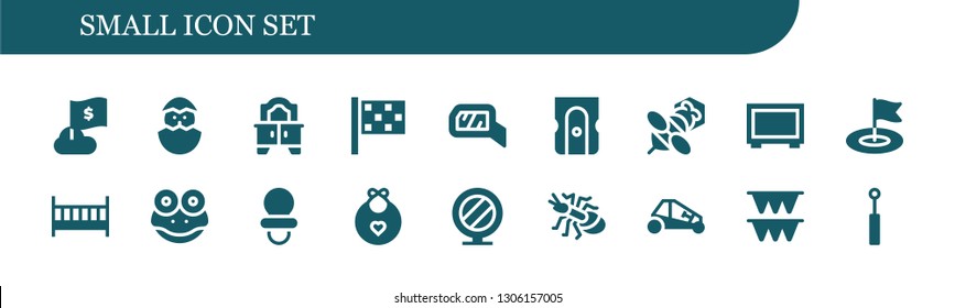 small icon set. 18 filled small icons.  Simple modern icons about  - Flag, Chick, Mirror, Finish flag, Sharpener, Bee, Big screen, Cot, Frog, Dummy, Baby bib, Ant, Buggy, Flags