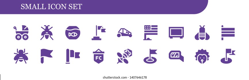 small icon set. 18 filled small icons.  Simple modern icons about  - Baby carriage, Wasp, Fishbowl, Flag, Buggy, Big screen, Bee, Flags, Mirror, Hedgehog