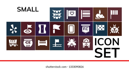 small icon set. 19 filled small icons.  Collection Of - Flags, Yelp, Carriage, Fish bowl, Crib, Bee, Mirror, Flag, Sharpener, Finish flag, Ladybug, Rat