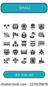  small icon set. 25 filled small icons. Simple modern icons about  - Flag, Fish bowl, Mirror, Dummy, Frog, Ant, Baby bib, Cot, Bee, Flags, Hedgehog, Crib, Ladybug, Wasp, Rat
