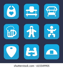 Small icon. set of 9 filled small icons such as baby, playpen, cargo barn, guitar mediator