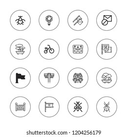 Small icon set. collection of 16 outline small icons with beetle, blocked, bonsai, carriage, crib, hand mirror, flag, flags, wall, wasp icons.