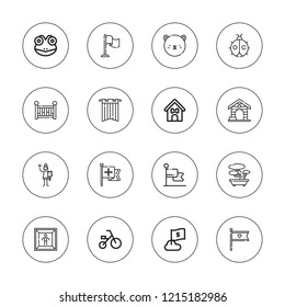 Small icon set. collection of 16 outline small icons with bonsai, claustrophobia, crib, dog house, frog, flag, ladybug, squirrel, stuffed animal icons.