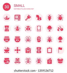 small icon set. Collection of 30 filled small icons included Paper boat, Rabbit hutch, Wooden leg, Rocking horse, Cockroach, Sharpener, Beetle, Ladybug, Mirror, Fishbowl, Fish bowl