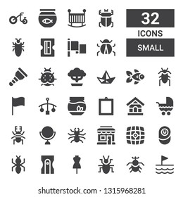 small icon set. Collection of 32 filled small icons included Flag, Beetle, Dummy, Sharpener, Ant, Newborn, Vehicle, Shopping store, Mirror, Stroller, Dog house, Fishbowl, Cot