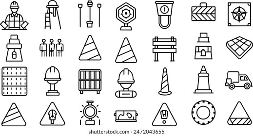 Pequeños iconos aislados sobre fondo blanco Ilustración vectorial plana. Bloqueo de carreteras, barrera peatonal relacionada Cono de tráfico, cono de seguridad, señal de construcción