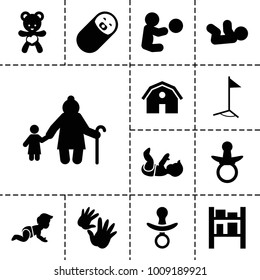 Small icons. set of 13 editable filled small icons such as barn, pacifier, baby, old woman and child, baby playing with toy, cargo barn, bear teddy, flag