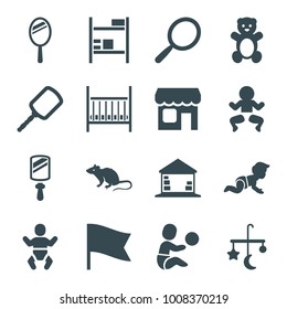 Small icons. set of 16 editable filled small icons such as mouse, bed mobile, teddy bear, mirror, newborn child, shop, baby, baby bed, flag