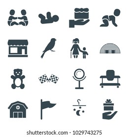 Small icons. set of 16 editable filled small icons such as store, sparrow, teddy bear, baby walker, mirror, gift, flag, finish flag, barn, bed mobile