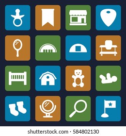 small icons set. Set of 16 small filled icons such as store, barn, pacifier, baby bed, baby socks, teddy bear, mirror, cargo barn, guitar mediator