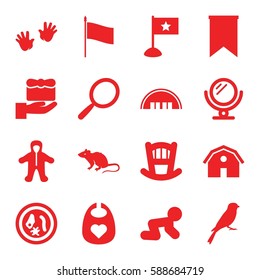 small icons set. Set of 16 small filled icons such as mouse, sparrow, barn, baby bed, baby bid, mirror, flag, microorganism
