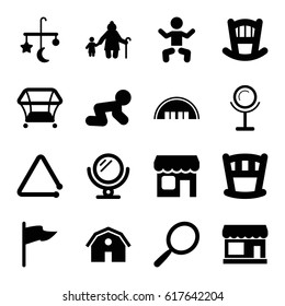 Small icons set. set of 16 small filled icons such as baby, store, barn, baby bed, bed mobile, playpen, baby crawl, mirror, triangle musical instrument, shop, flag