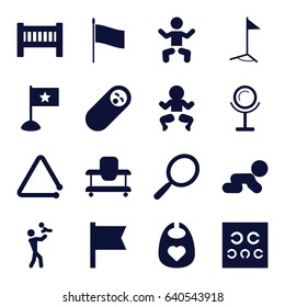 Small icons set. set of 16 small filled icons such as baby, baby bed, mirror, eye test, triangle musical instrument, flag