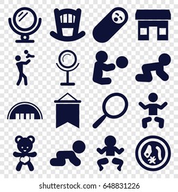 Small icons set. set of 16 small filled icons such as baby, barn, baby bed, mirror, bear teddy, flag, microorganism, store