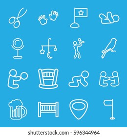 small icons set. Set of 16 small outline icons such as sparrow, baby bed, bed mobile, mirror, manicure scissors, guitar mediator, beer mug