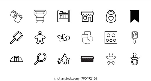 Small icons. set of 18 editable outline small icons: flag, pacifier, baby bid, baby, mirror, old woman and child, cargo barn, eye test, shop, barn