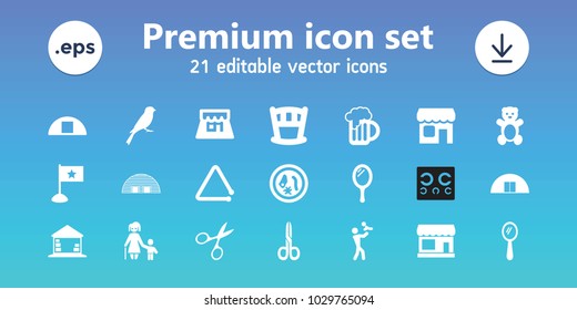 Small icons. set of 21 editable filled small icons includes store, sparrow, teddy bear, mirror, manicure scissors, baby bed, father with baby, microorganism, cargo barn