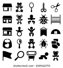 Small icons. set of 25 editable filled small icons such as store, pacifier, teddy bear, mirror, manicure scissors, newborn child, crawling baby, ladybug, bear teddy, flag