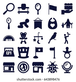 Small icons set. set of 25 small filled icons such as sparrow, store, barn, pacifier, bed mobile, baby bid, baby walker, mirror, ladybug, bear teddy, shop, flag, microorganism