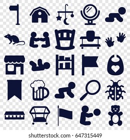 Small icons set. set of 25 small filled icons such as mouse, barn, bed mobile, teddy bear, baby bid, playpen, mirror, ladybug, cargo barn, beer mug, shop